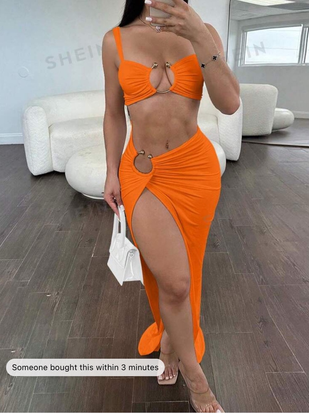 SHEIN Orange High-Slit Maxi Skirt with Ring Cutout